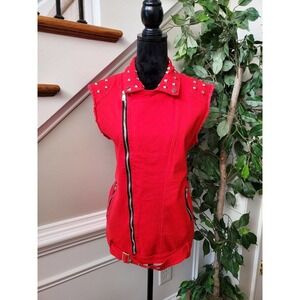 Women's Solid Red Polyester Sleeveless Full Zip Front Casual Jacket Size Small